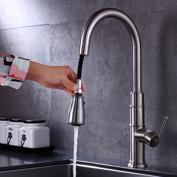 Modern Single Hole Single Handle Brass Pull Out Kitchen Faucet with 3-Function Sprayer in Brushed Nickel Finish window image