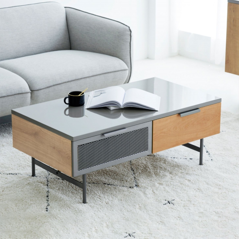 Modern Gray Coffee Table Rectangular Accent Table with 2-Drawer Metal Base window image