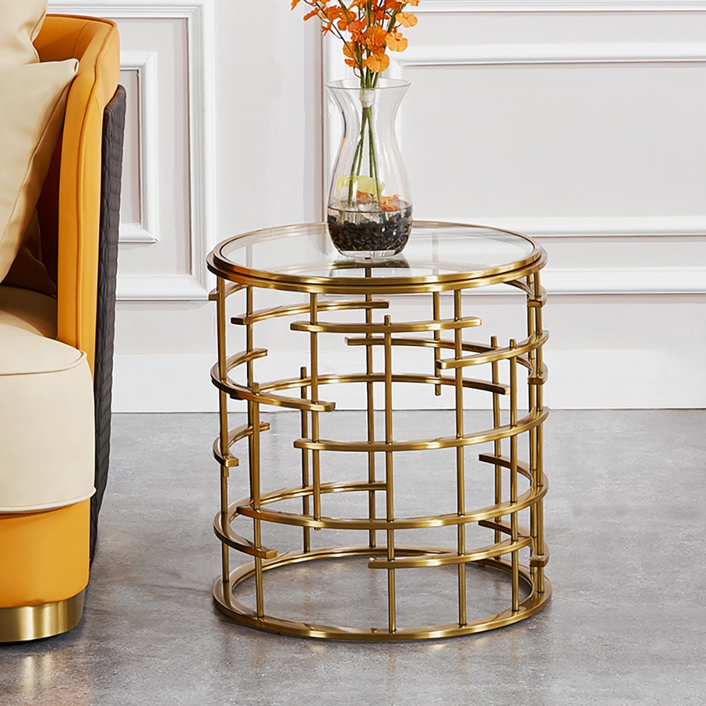 Modern Round Side Table with Tempered Glass Top & Gold Stainless Steel window image