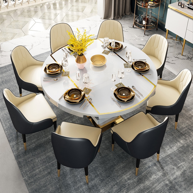 Round White Extendable Dining Table with Storage Base Wood And Stainless Steel Table Space Saving window image