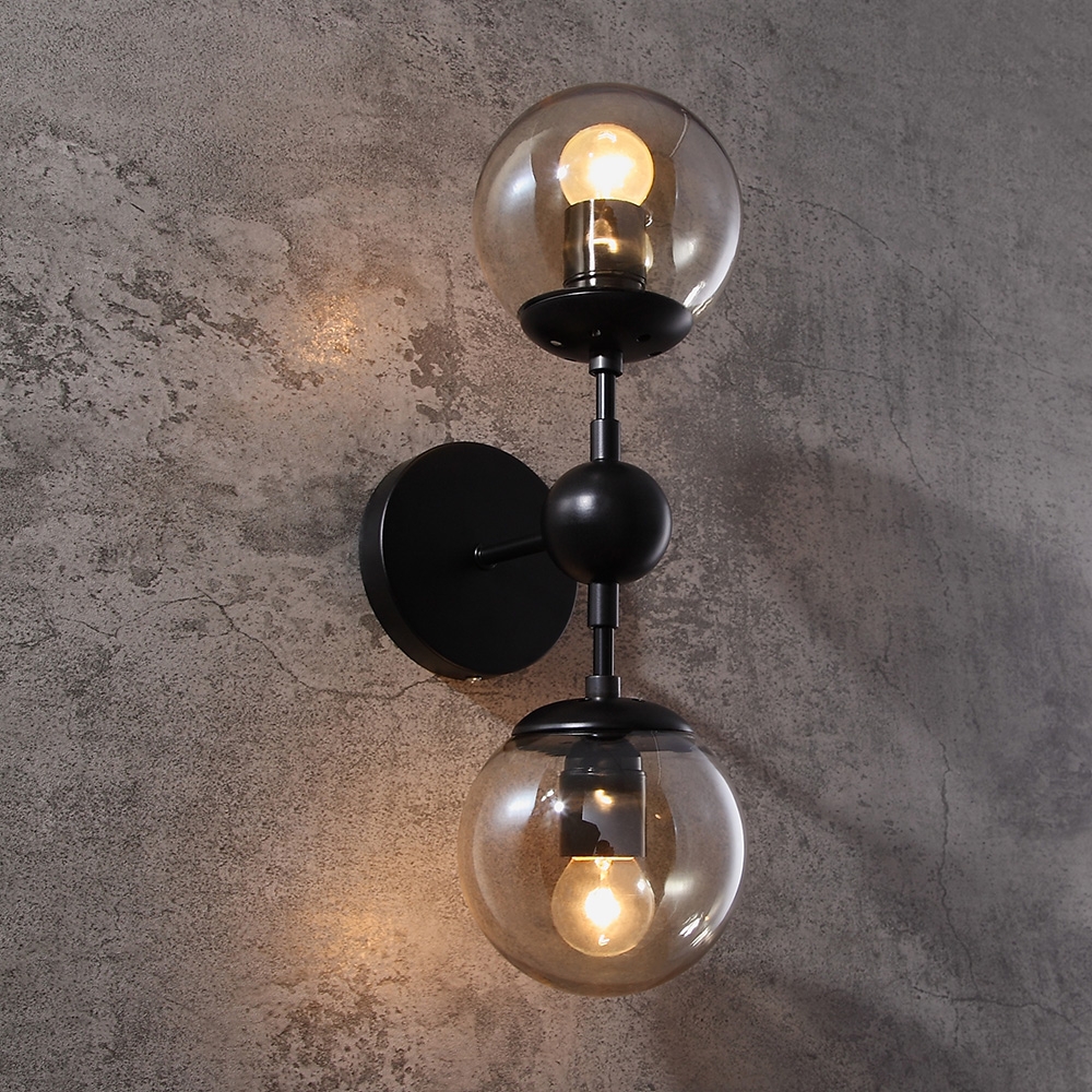 Adory Retro 2-Light Tea Glass Globe Shade Black Metal Base Indoor Sconce Wall Lamp window image