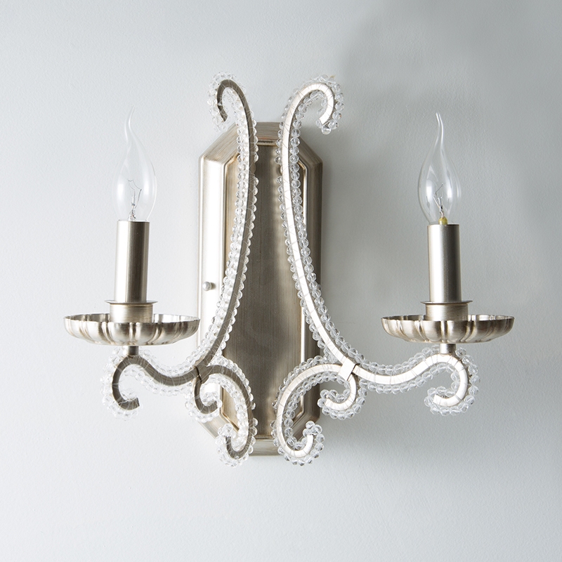French Country Wall Light Clear Crystal Candle Indoor Wall Light 2-Light in Distressed Brushed Nickel window image