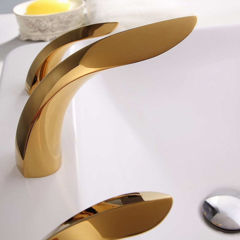 Zime Modern Aerated Spout Widespread Sink Faucet Double Handles in Gold Solid Brass window image