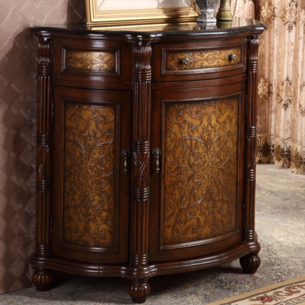 1067mm Walnut Entryway Cabinet Marble Top Side Cabinet with Doors & Shelves & Drawer window image