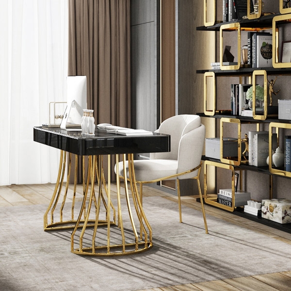 Bureau de bureau moderne en acier inoxydable avec base dorée 1200 mm Noir image de fenêtre