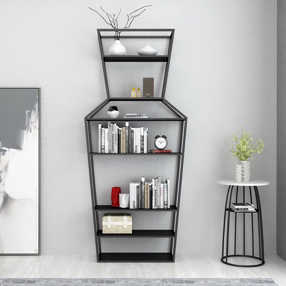 70" Black Metal Etagere Bookshelf Vase-Shaped Freestanding 7-Tier Shelf window image