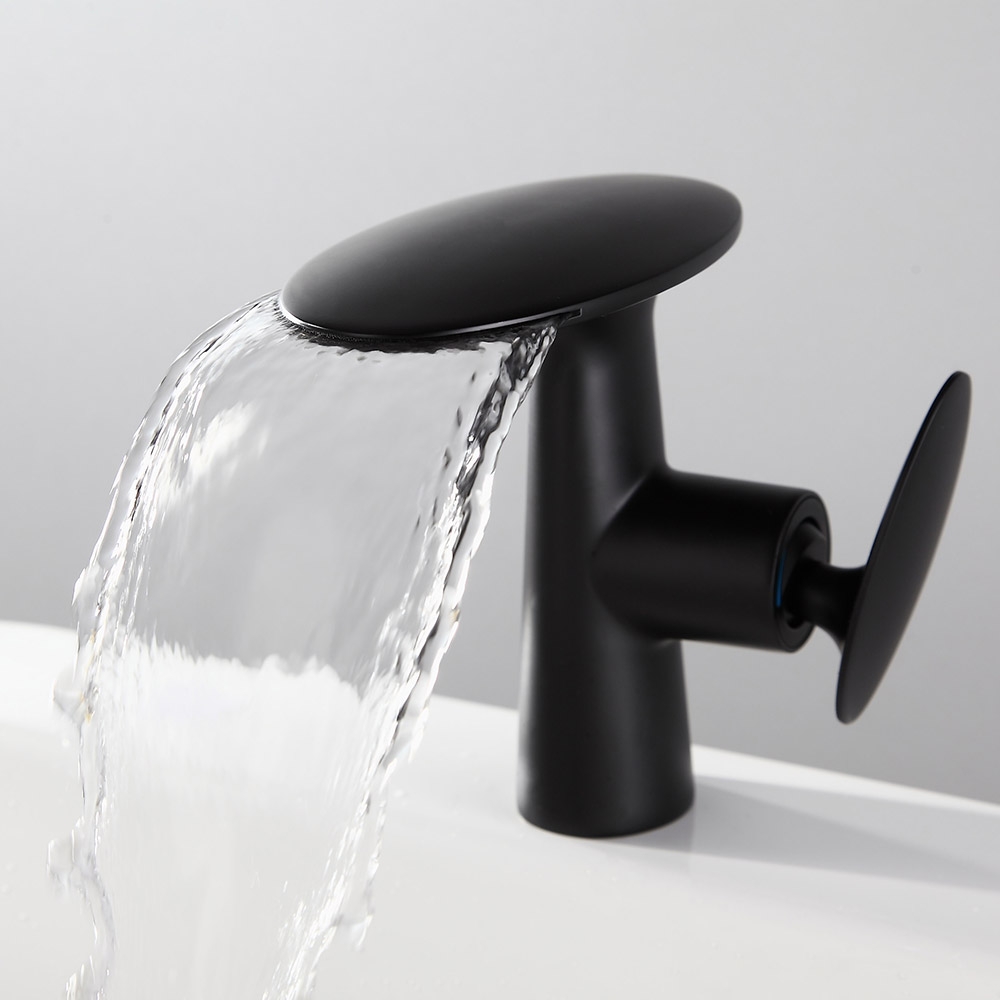 Pene Contemporain Laiton Massif Bec Cascade Bec simple poignée un trou Noir Robinet d'évier de salle de bain image de fenêtre