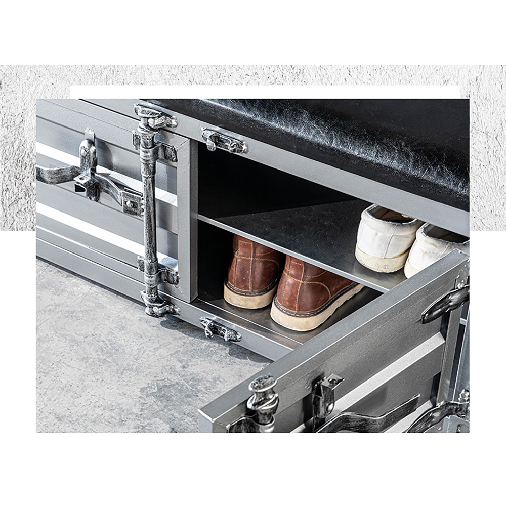 Industrial Cargo Container Style Shoe Storage Upholstered Bench in Silver window image
