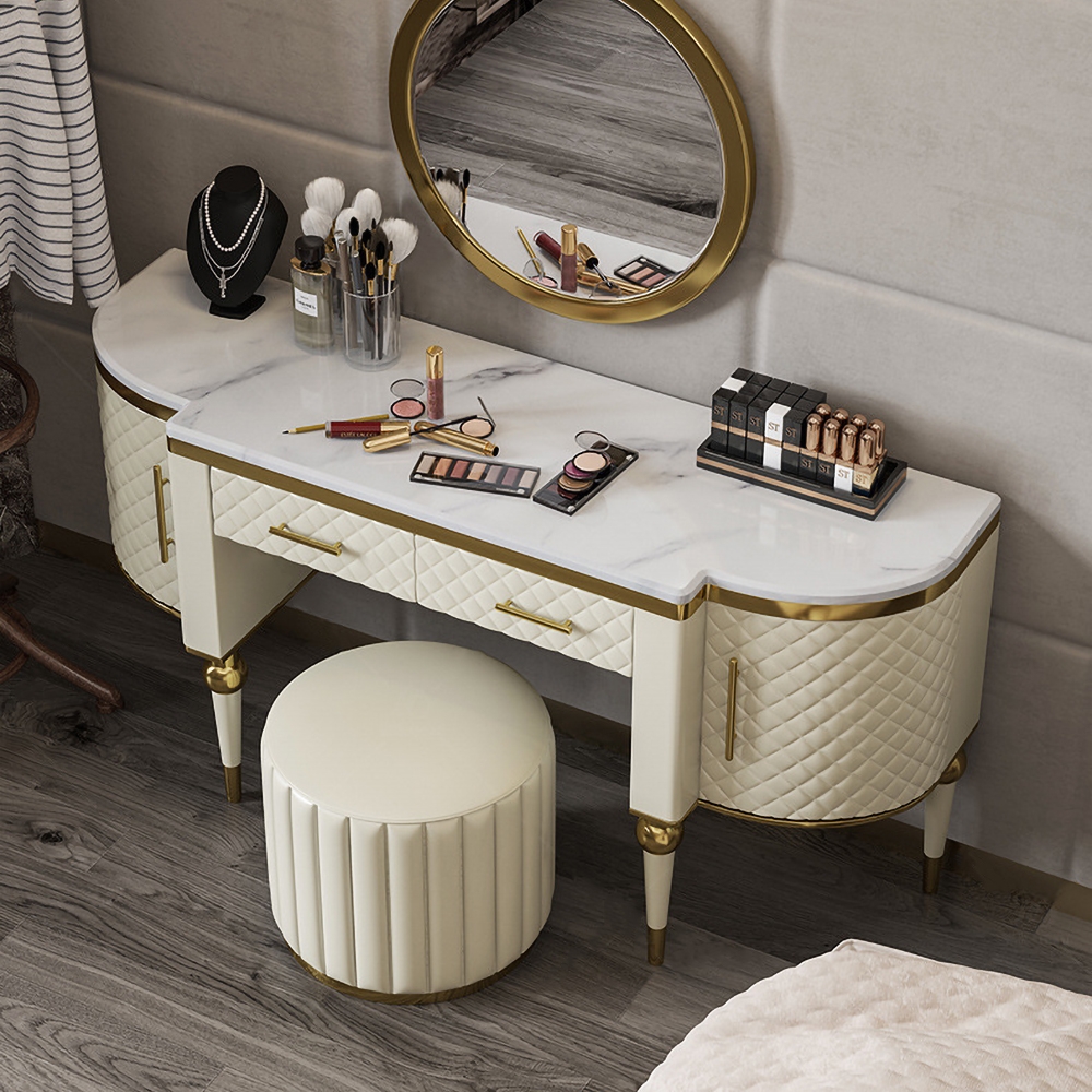 Postmodernism White Makeup Vanity Faux Marble Top Upholstered Dressing Table with Storage Stool Included window image