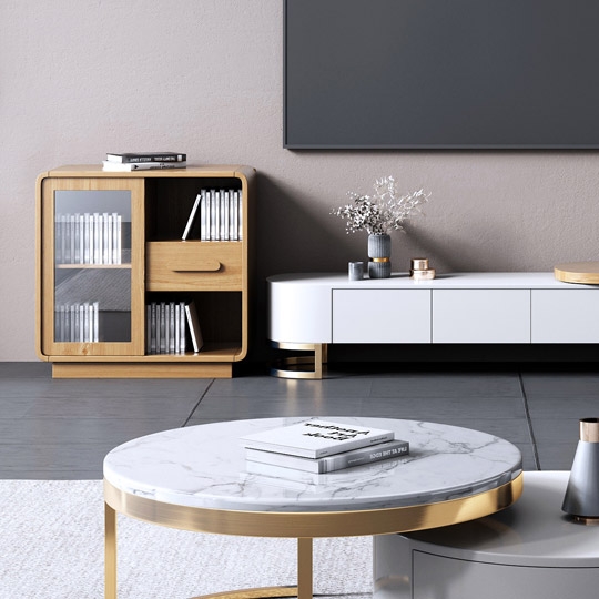 Armoire de rangement naturelle moderne avec porte et tiroir en bois massif image de fenêtre