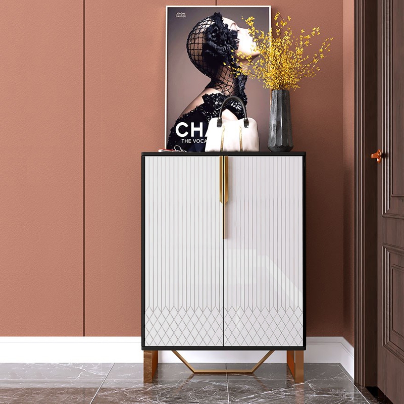 Armoire d'appoint Aro contemporaine blanche et noire à 2 portes et étagères image de fenêtre