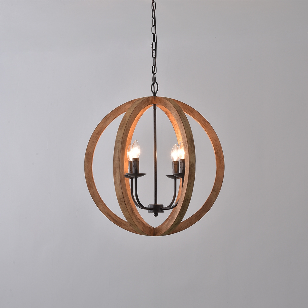 Rustic Vintage 4 Lights Brown Wood Globe Orb Chandelier Rust Metal Candle Light window image