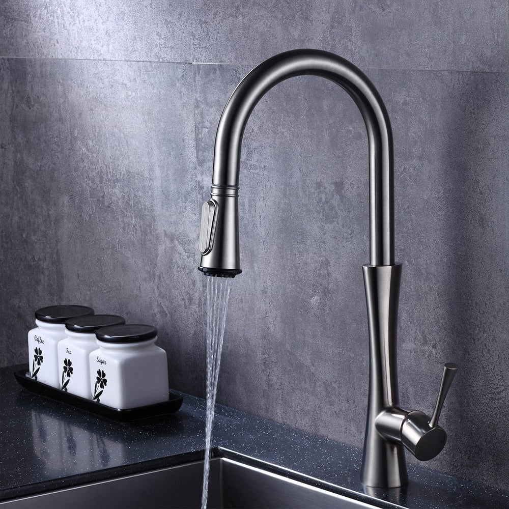 Moderne Monobloc Robinet Mitigeur de Cuisine Col de Cygne Pull Out Sprayer de 3-Fonctions Poignée Simple en Laiton Solide Nickel Brossé image de fenêtre