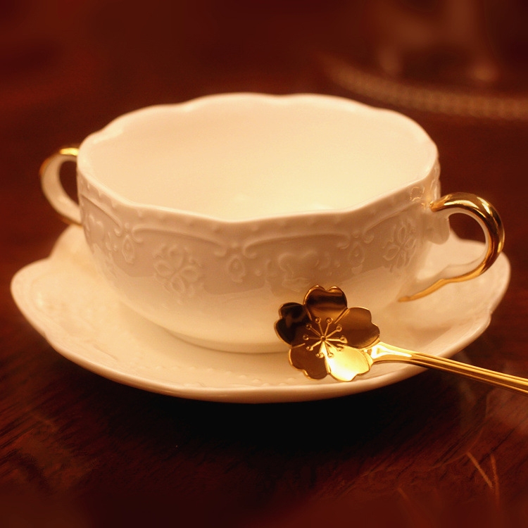 Modern Minimalist Round Embossed Bowl White Ceramic Gold Handles Soup Bowl with Saucer & Spoon Set of 2 window image