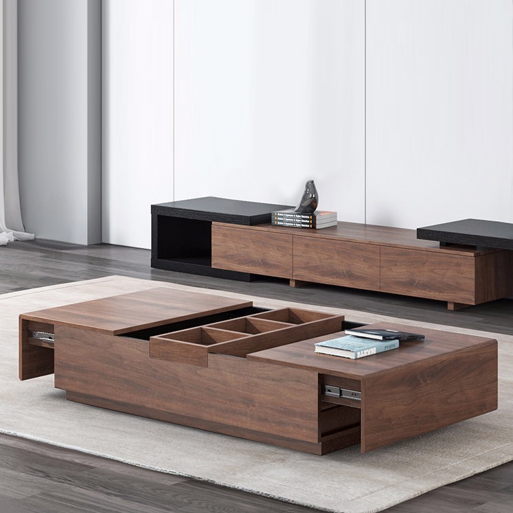 Coffee Table with Storage Wood Coffee Table with Tray Rectangular Coffee Table Mid-Century Walnut Accent Table window image