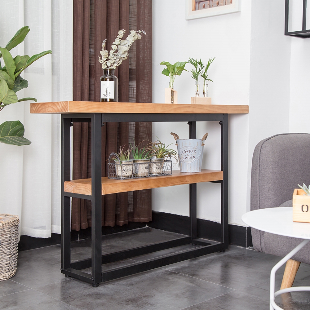 1000mm Retro Narrow Wooden Console Table with Shelf Metal in Black Finish window image