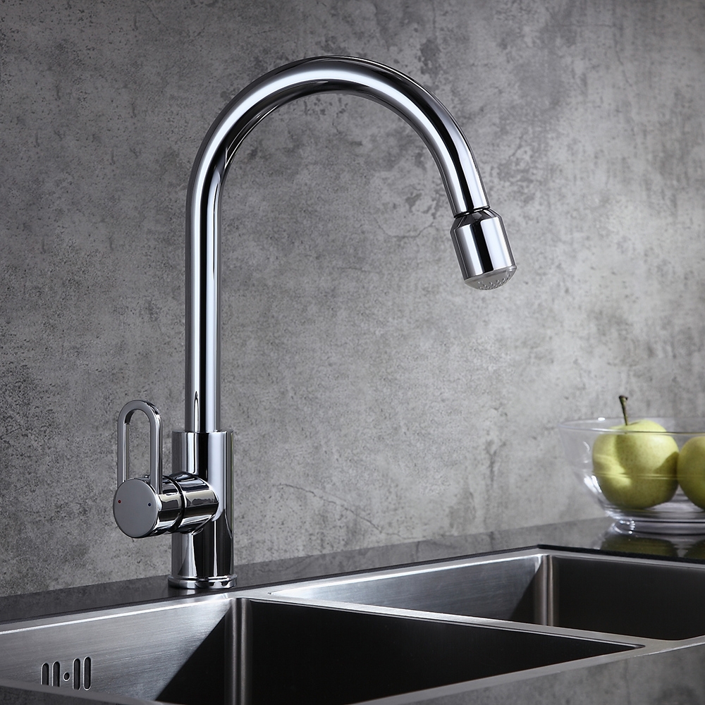 LED Single Side Handle Swivel Spout Kitchen Sink Faucet with Pull-Out Sprayer in Chrome window image