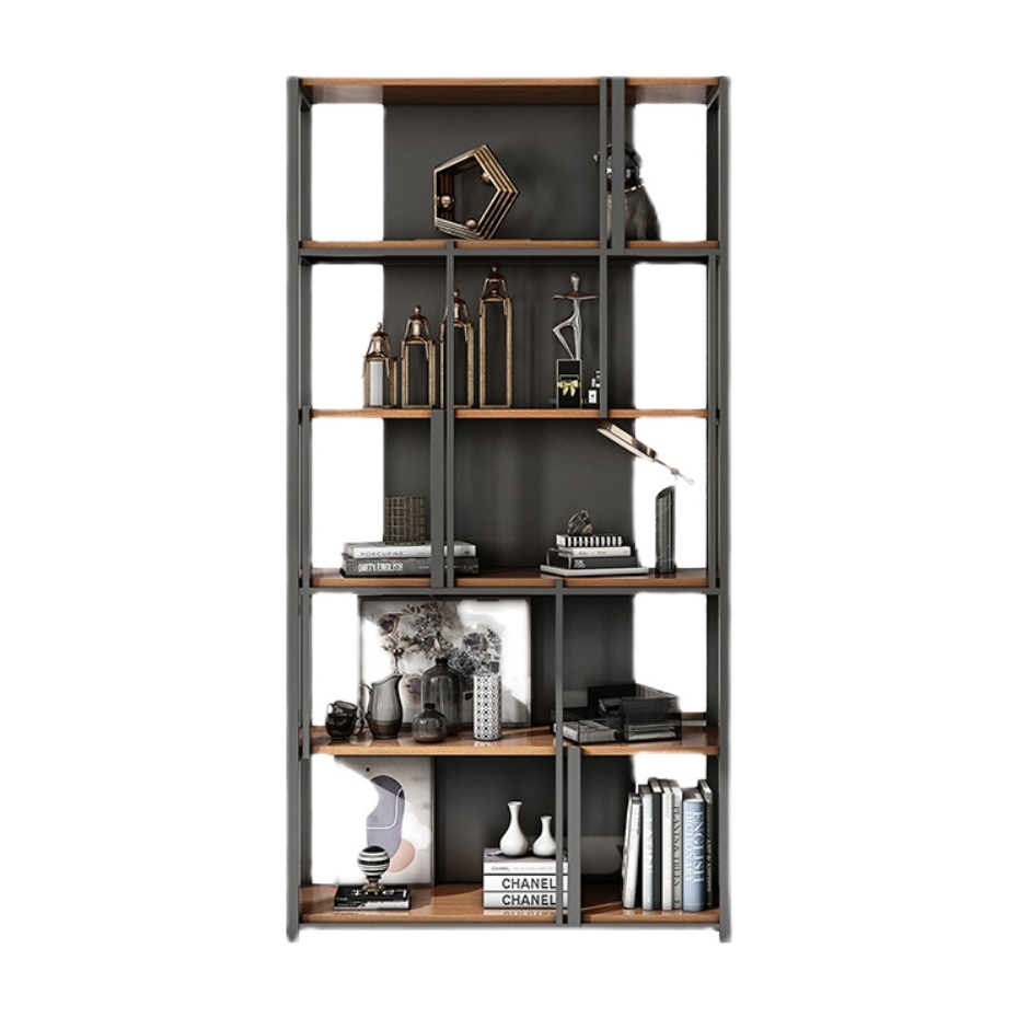 Estante de livros contemporânea Etagere de 5 camadas de 78,7" em preto e natural Imagem da janela