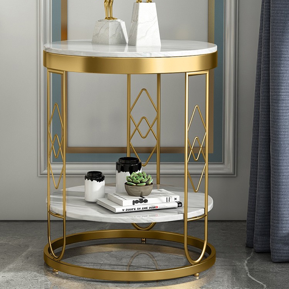 2-Tiered White Modern Round End Table with Shelf Metal Frame window image