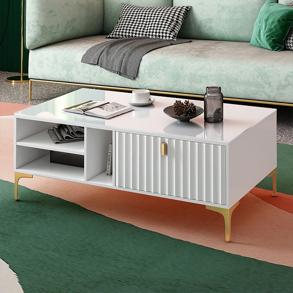White and Gold Rectangle Coffee Table with Storage 2 Drawers & 3 Shleves window image