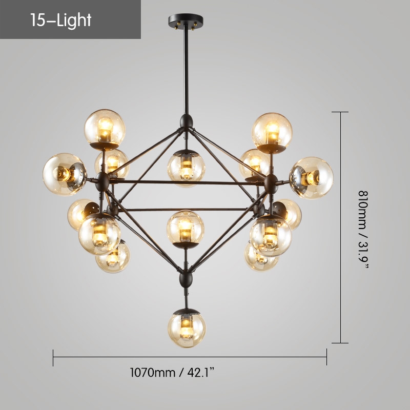 Retro Industrial Loft Multiple Tea Glass Globe Black Iron 15-Light Pendant Light window image