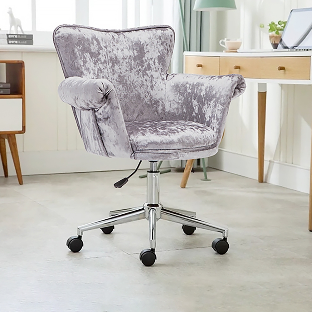 Grey Modern Task Chair Velvet Upholstered Swivel Office Chair Height Adjustable window image
