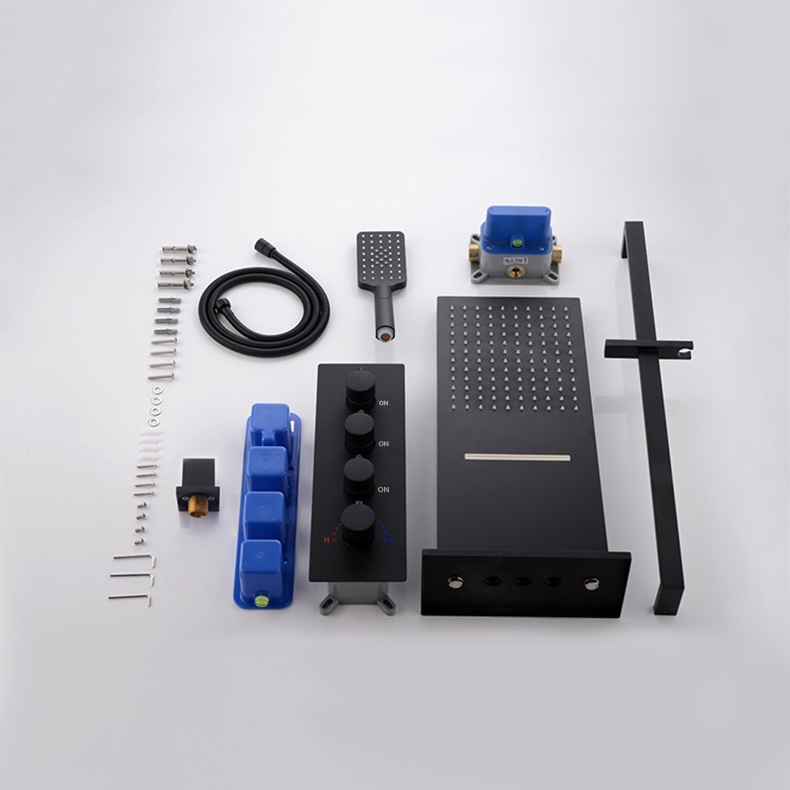 Modern Style Matte Black Wall Mounted Rain & Waterfall Shower System with Slide Bar Hand Shower Solid Brass window image