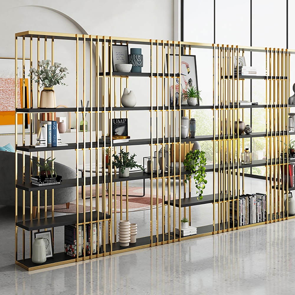 Modern Display 6-Tiered Etagere Bookshelf in Gold & Black window image