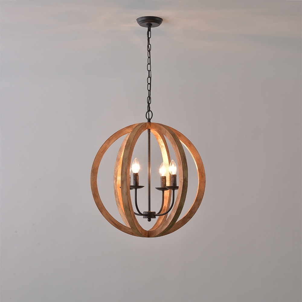 Rustic Vintage 4 Lights Brown Wood Globe Orb Chandelier Rust Metal Candle Light window image