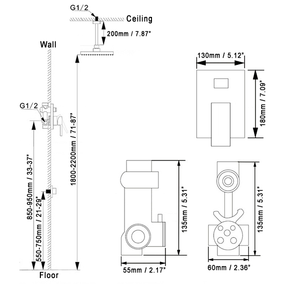 Dree Modern ABS Ceiling Mounted Rain Shower Head & Hand Shower Set Single Handle Brass in Polished Chrome window image