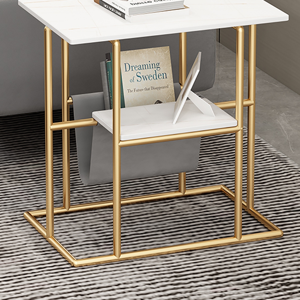 Black/ White Modern End Table with Shelf Sintered Stone Top & Metal Frame Side Table window image