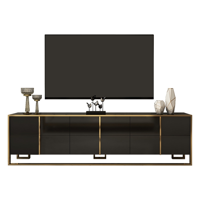 Rimh Zack Black 78" TV Stand Modern Gold Media Console with 6-Drawer & Glass Top window image