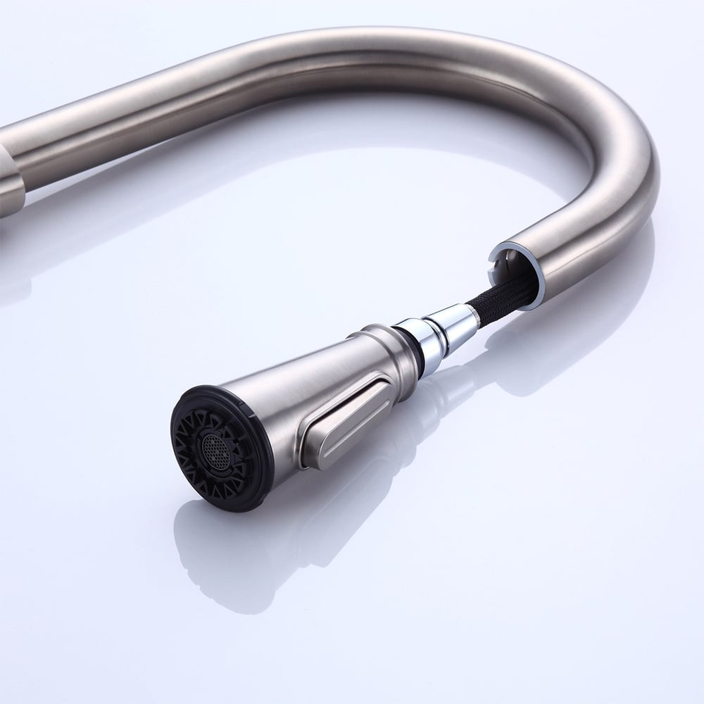 Moderne Monobloc Robinet Mitigeur de Cuisine Col de Cygne Pull Out Sprayer de 3-Fonctions Poignée Simple en Laiton Solide Nickel Brossé image de fenêtre