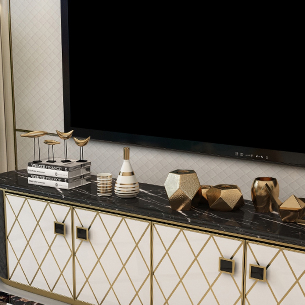 Contemporary Oval Coffee&White TV Stand Faux Marble Top Media Console with Doors for TVs up to 85" window image