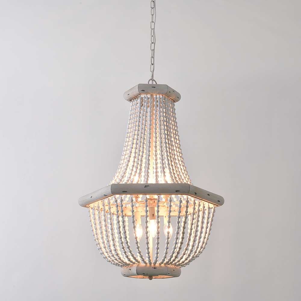 Farmhouse French Country Distressed White Wood Draped Beaded Chandelier Basket 6-Light Ceiling Light window image