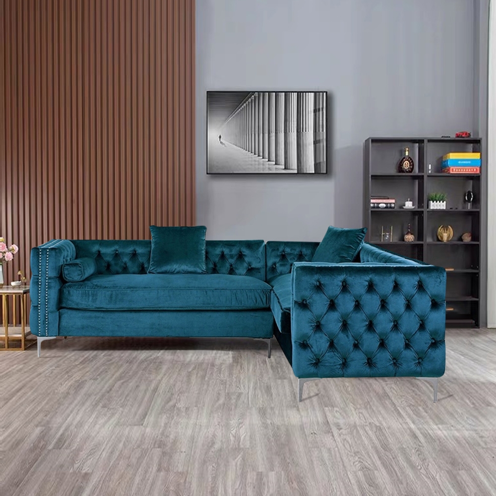 Blue Sofa Sectionals Velvet Upholstered Sofa Chesterfield Sofa in Stainless Steel window image