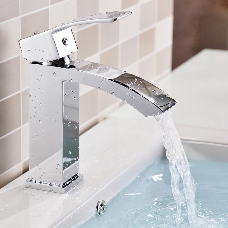 Ridge Waterfall Angled Spout Single Hole Bathroom Sink Faucet Solid Brass 1-Handle in Chrome Finish window image