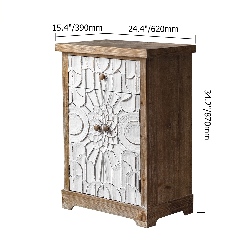 Rustic Distressed White Cabinet Carved Surface with Drawer & Doors window image