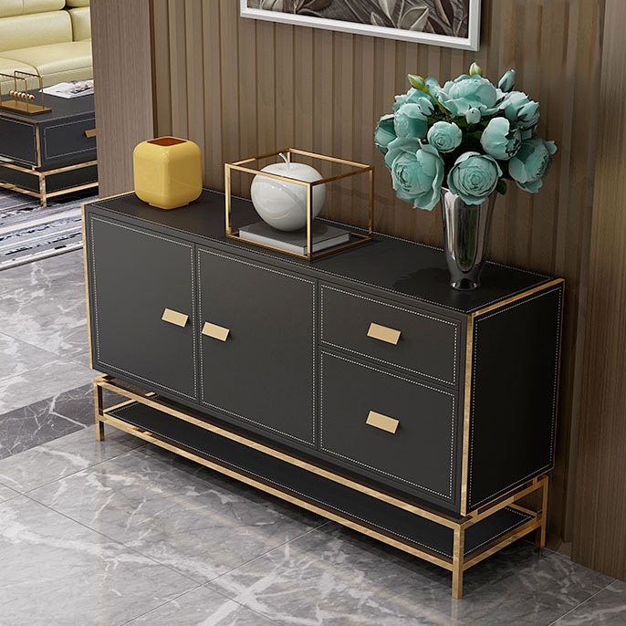 Modern 59" Black Sideboard Buffet Table with Shelf Faux Leather Cabinet with 3 Doors & 1 Drawer Gold Frame window image