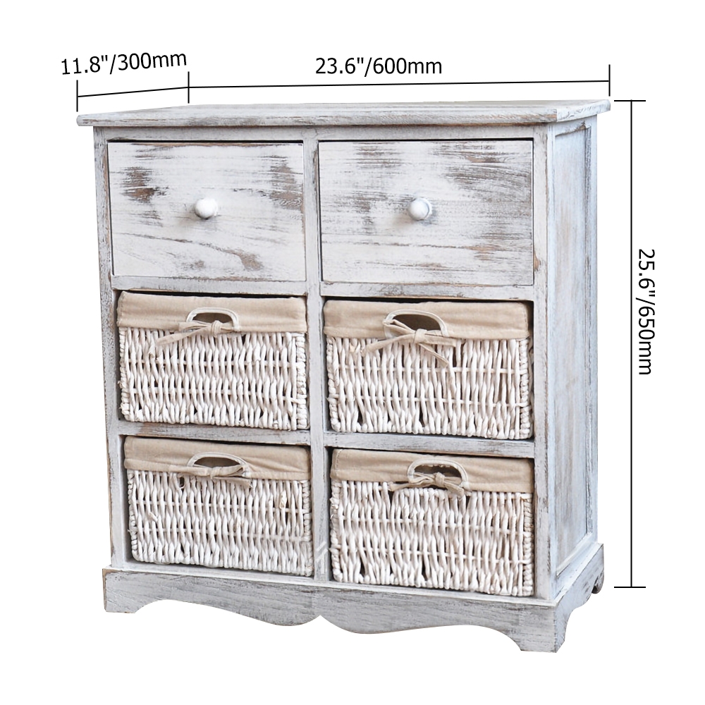 Cottage Distressed White Cabinet Solid Wood Chest with Drawers Rattan&Fabric window image