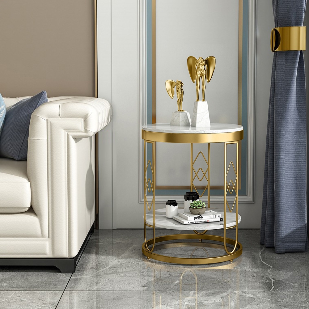 2-Tiered White Modern Round End Table with Shelf Metal Frame window image