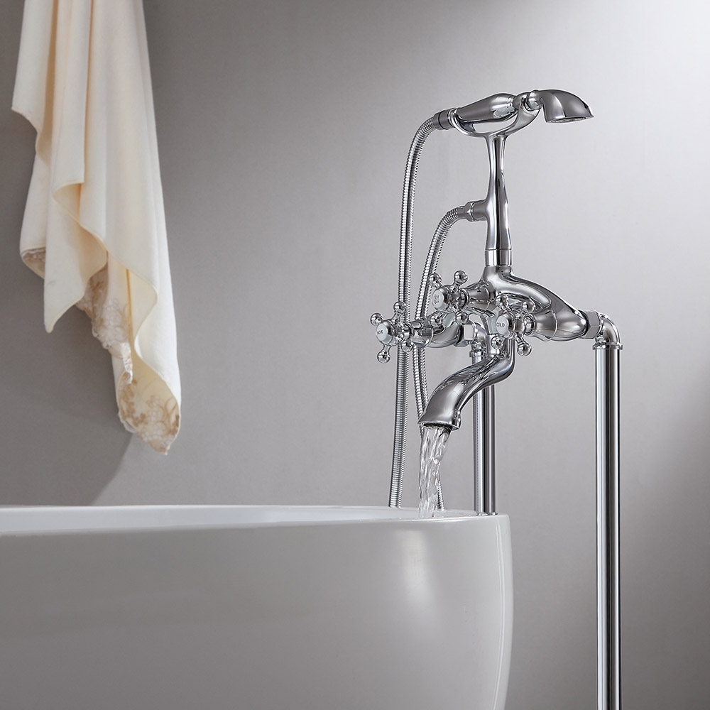 Chester Classic 3 Cross Handles Floor Mounted Clawfoot Tub Filler Faucet with Hand Shower in Chrome window image