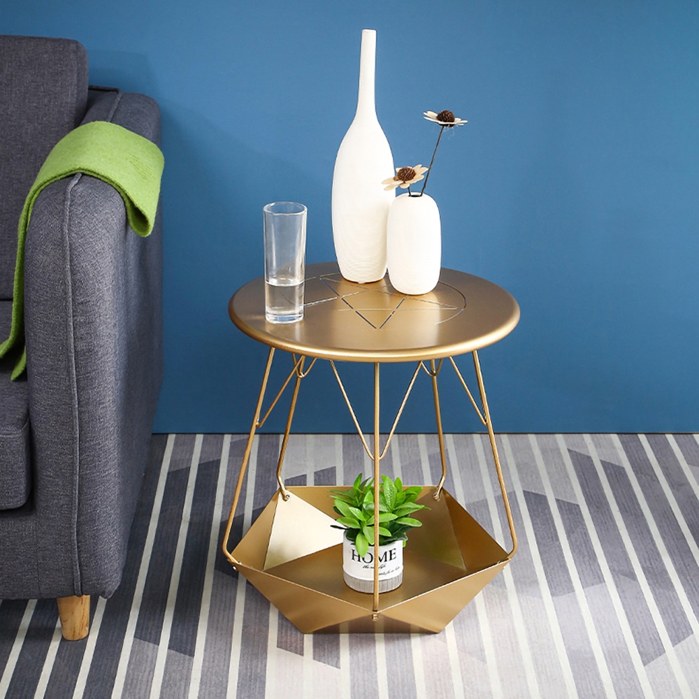 Modern Metal End Table with Storage Shelf Round Tabletop Gold window image