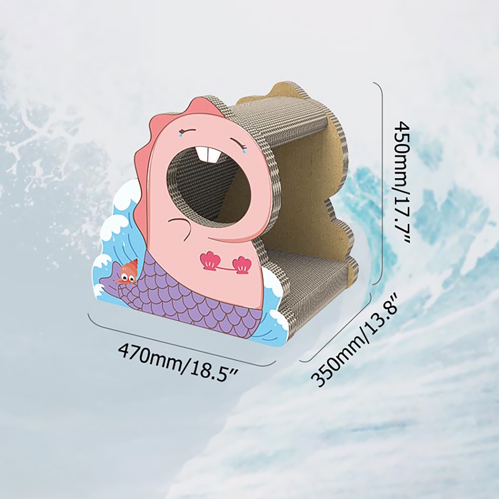 450mm Fish Shape Cat House Corrugated Board Cat Cave Bed in Green/Pink window image