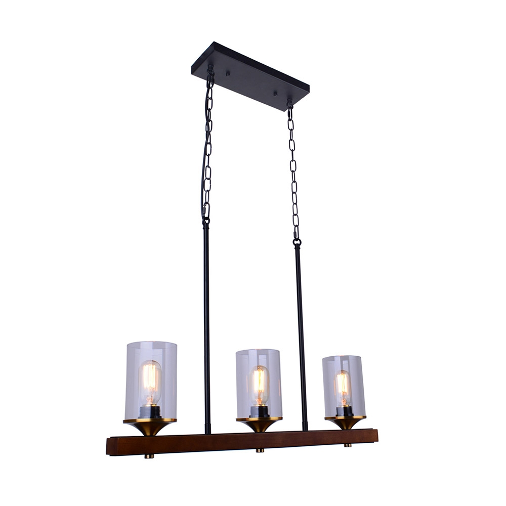 Industrial Loft Wood Beam 3-Light Island Linear Pendant Light with Clear Glass Shade Black Metal window image
