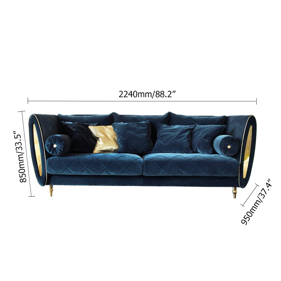 Modern Blue Velvet Upholstered Sofa 3-Seater Sofa Luxury Sofa with Pillows Solid Wood Frame Gold Legs window image