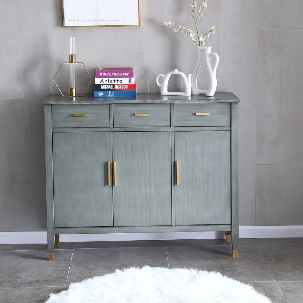 1194mm Grey Vintage Storage Cabinet with 3 Doors & 3 Drawers & 4 Shelves in Gold Finish window image