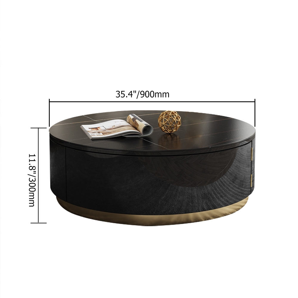 Table basse ronde noire avec tiroirs rotatifs Plateau en pierre frittée Base en acier inoxydable Poids, dimensions, image