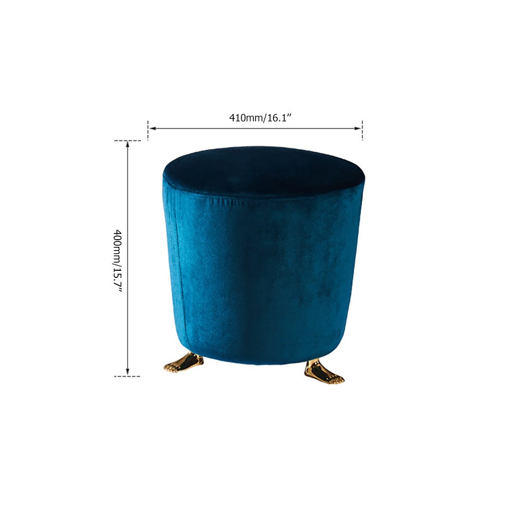 Blue Velvet Upholstered Ottoman Round Vanity Stool Unique Foot Shape Metal Leg in Gold