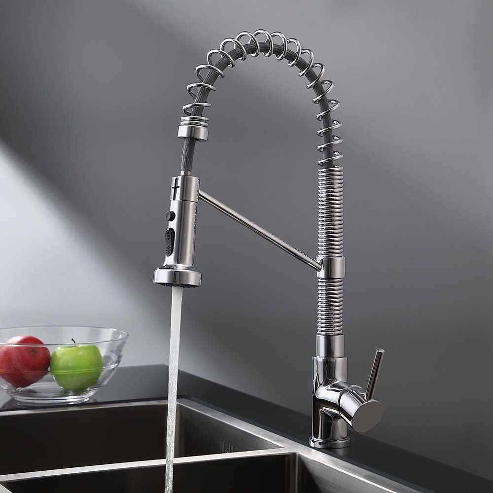 Contemporary Commercial Design Single Handle Dual Function Spring Pull-Out Kitchen Faucet in Chrome window image